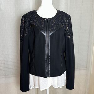 Cache 14 Black Gold Metallic Lace Inset Leather Trim Knit Full Zip Blazer Jacket